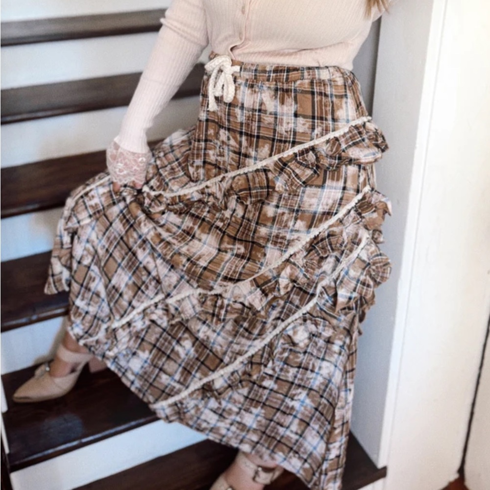 POL Colorado Plaid Asymmetric Ruffle Skirt Small